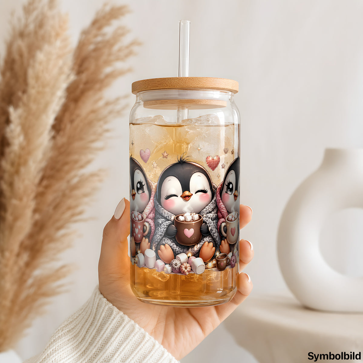 Becher-Aufkleber „Pinguine mit Herzen“ auf einem 16oz Glasbecher