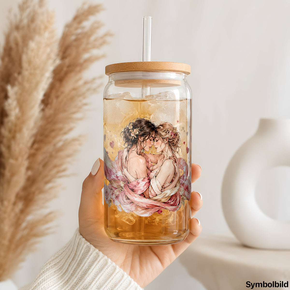 Becher-Aufkleber „Verliebte Engel in Rosé“ auf einem 16oz Glasbecher