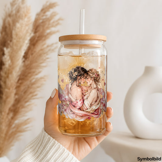 Becher-Aufkleber „Verliebte Engel in Rosé“ auf einem 16oz Glasbecher