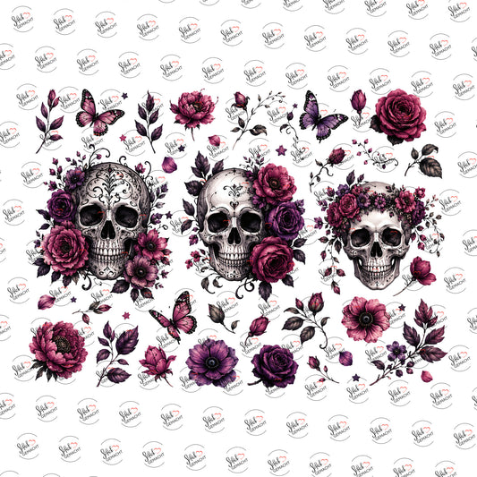 Totenköpfe in Rosen als Rub-on-Sticker, einzeln