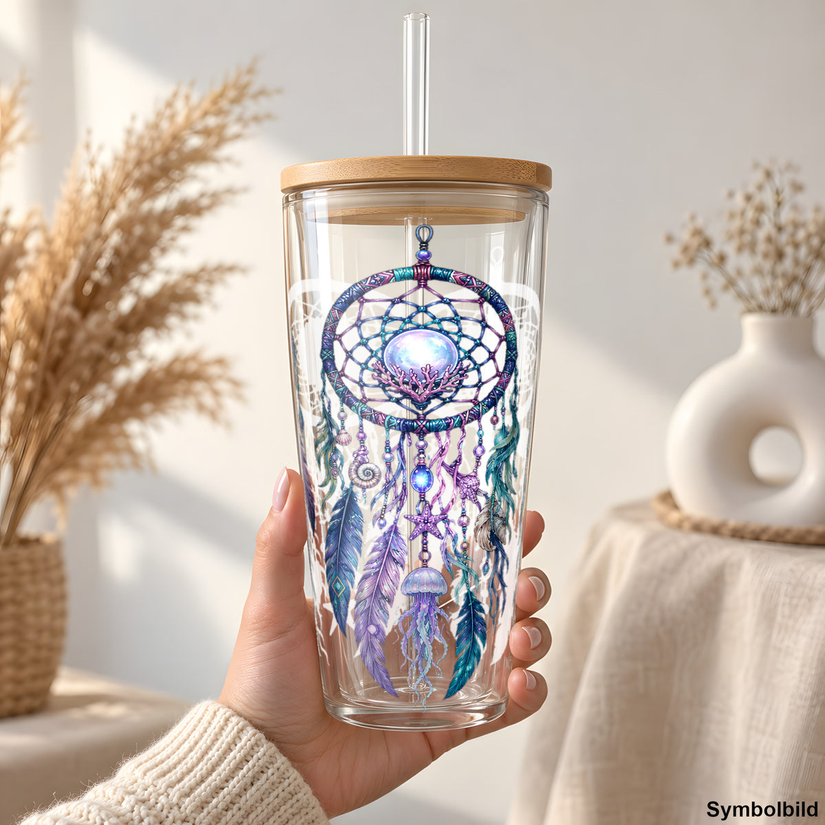 Becher-Aufkleber „Traumfänger in Aquarell“ auf einem 24oz Glasbecher