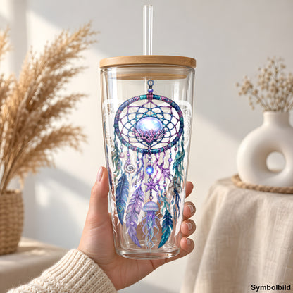 Becher-Aufkleber „Traumfänger in Aquarell“ auf einem 24oz Glasbecher