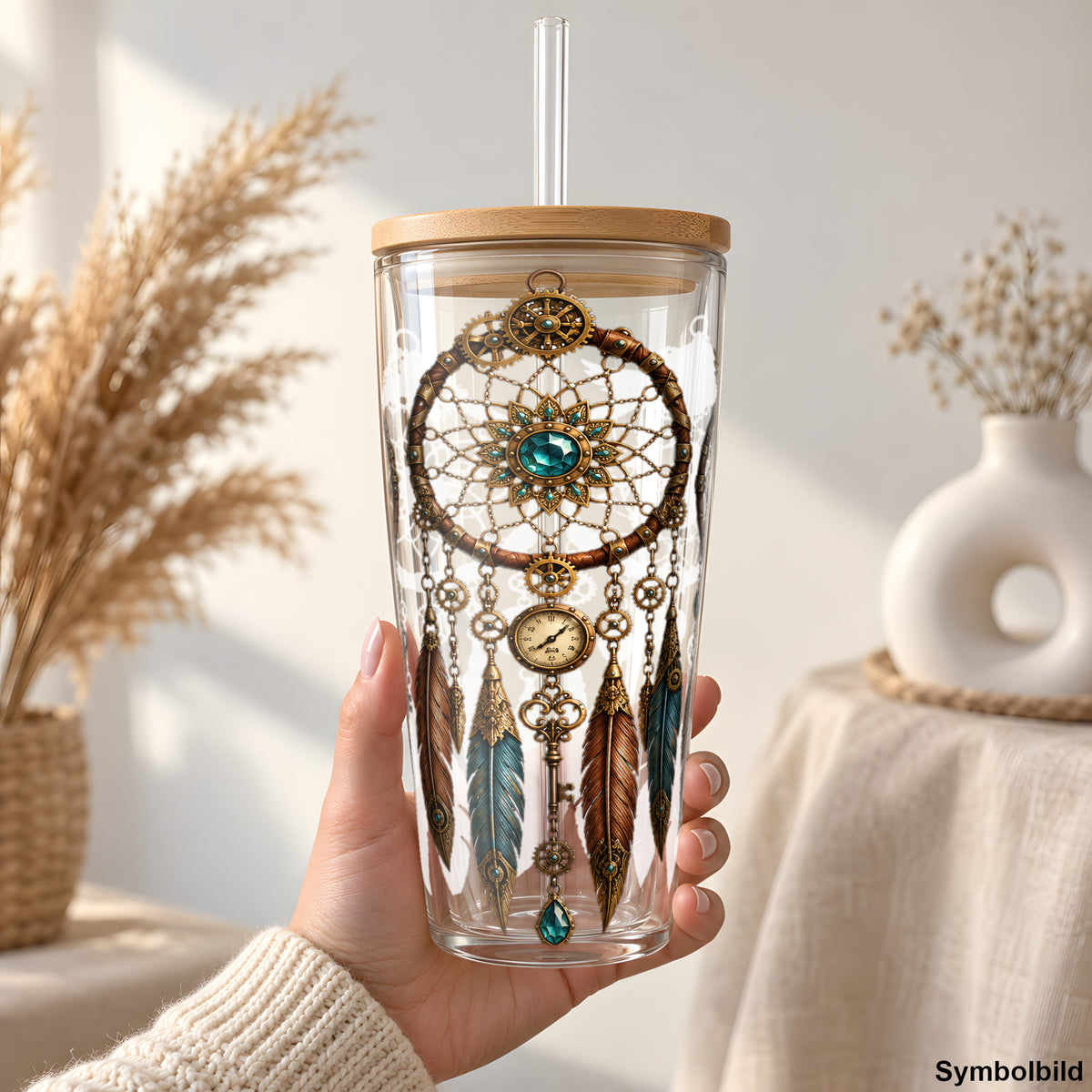Steampunk-Traumfänger-Aufkleber auf einem 24oz Glasbecher