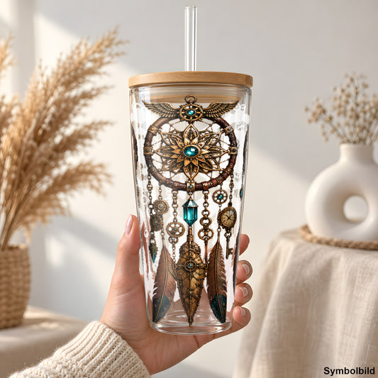 Becher-Aufkleber „Steampunk-Traumfänger im Trio“ auf einem 24oz Glasbecher