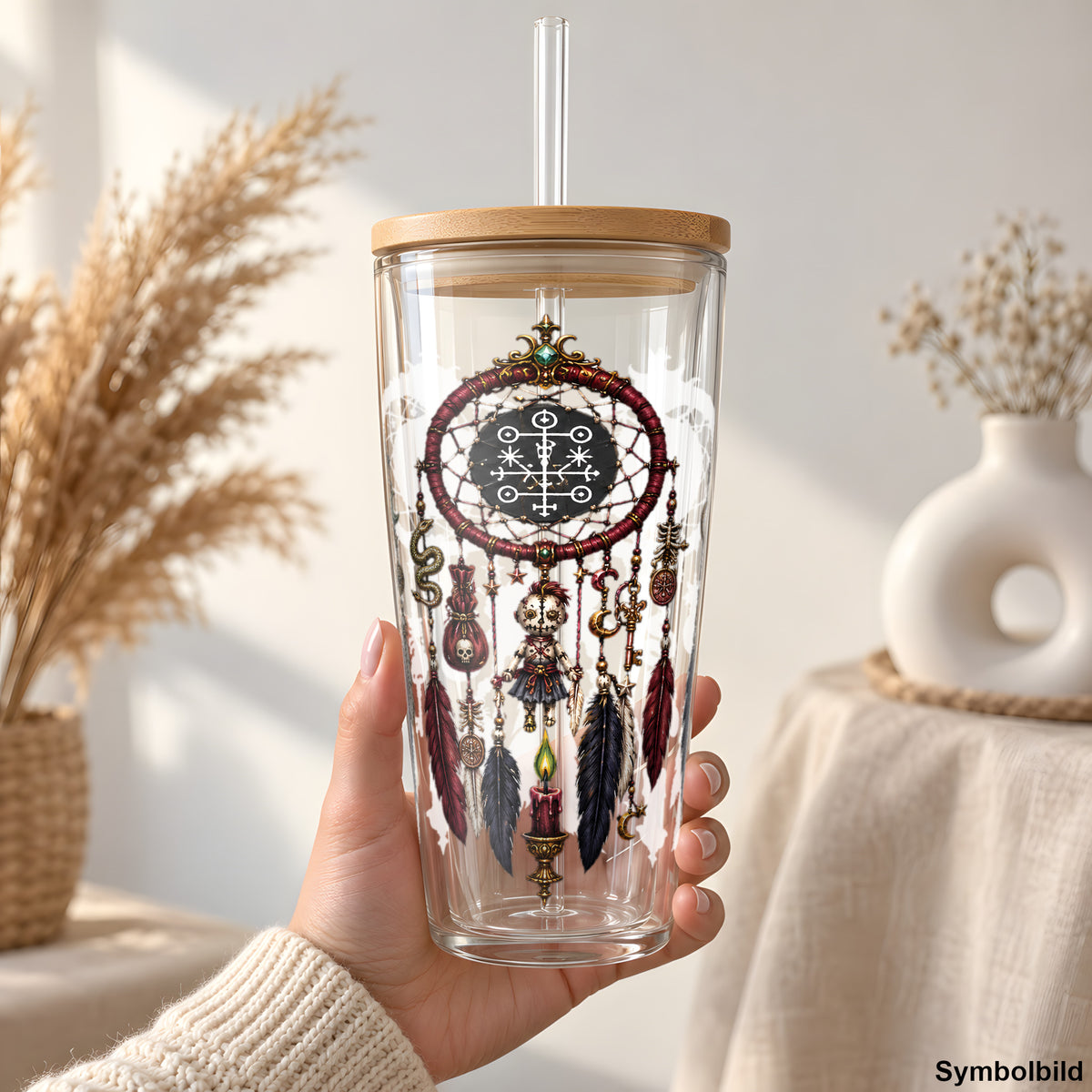 Becher-Aufkleber „Traumfänger der Schattenwelt“ auf einem 24oz Glasbecher
