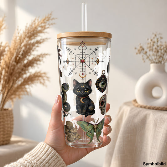 Katzenzauber und Zuckerschädel als Rub on Sticker auf einem 24oz Glas