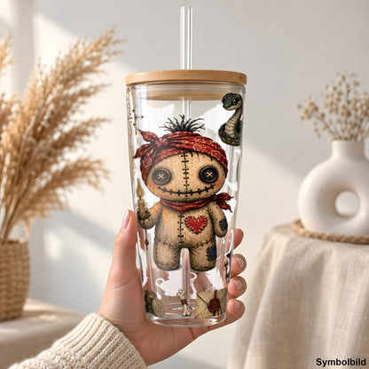 Becher-Aufkleber „Voodoo-Puppe im Mondlicht“ auf einem 24oz Glasbecher