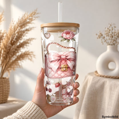 Becher-Aufkleber „Handtasche und Macarons in Rosa“ auf einem 24oz Glasbecher