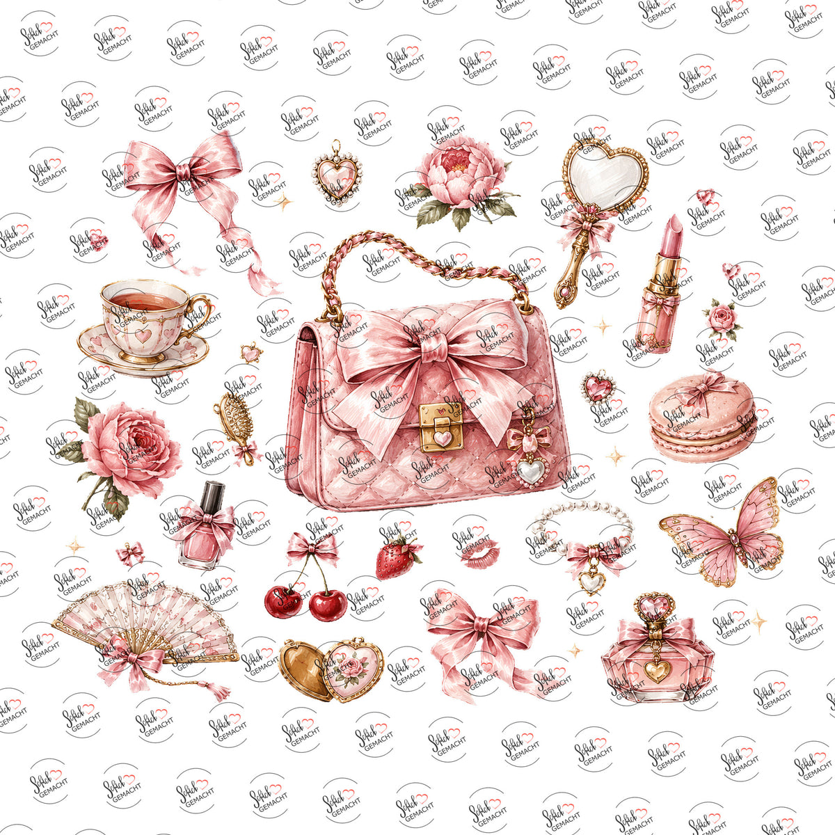 Handtasche und Macarons in Rosa als Rub-on-Sticker, einzeln