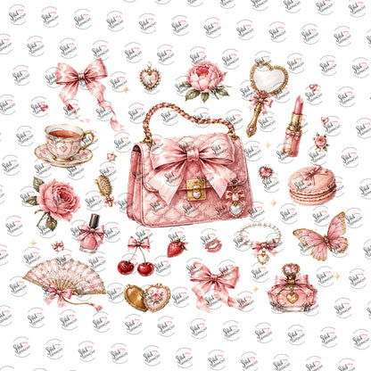 Handtasche und Macarons in Rosa als Rub-on-Sticker, einzeln