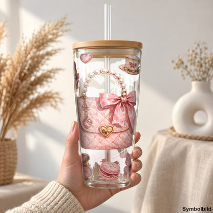 Becher-Aufkleber „Rosa Lieblingsstücke“ auf einem 24oz Glasbecher