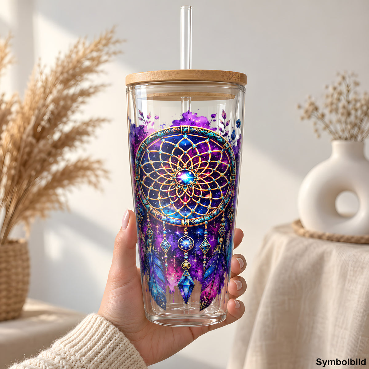 Becher-Aufkleber „Traumfänger in Neonblüten“ auf einem 24oz Glasbecher