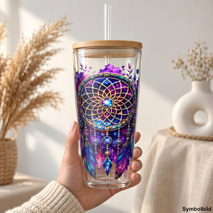 Becher-Aufkleber „Traumfänger in Neonblüten“ auf einem 24oz Glasbecher