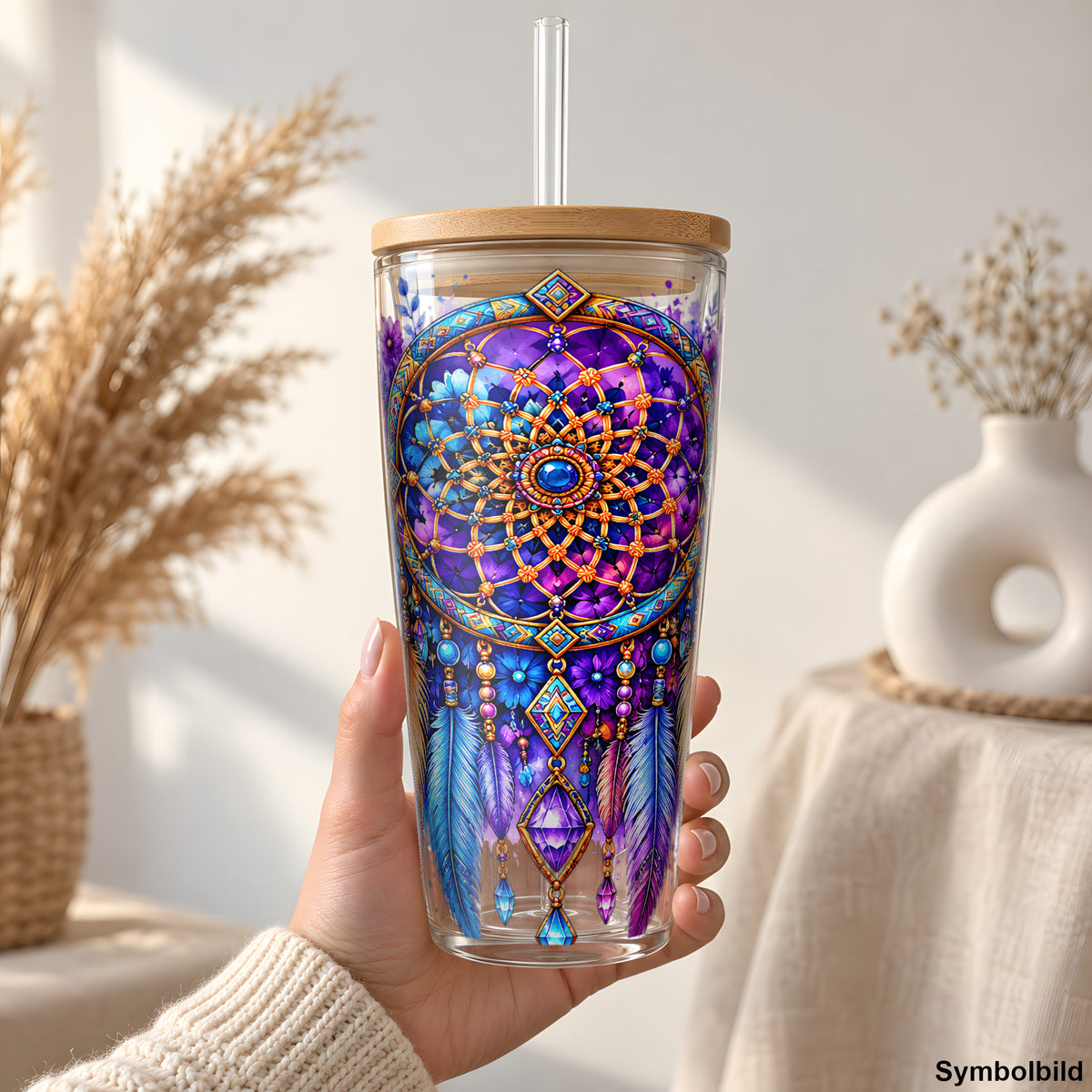 Becher-Aufkleber „Traumfänger in Regenbogenblüten“ auf einem 24oz Glasbecher