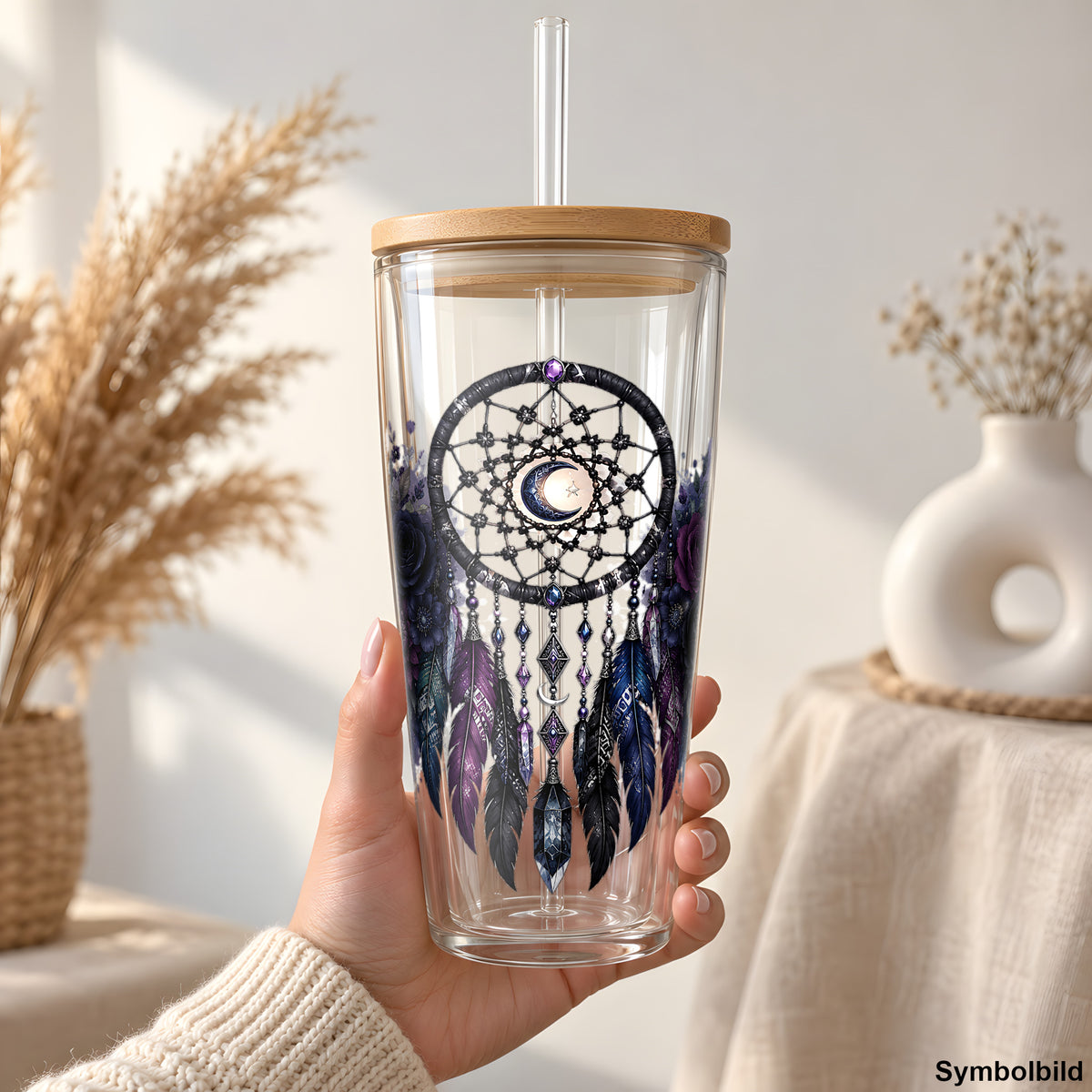 Becher-Aufkleber „Traumfänger mit Rosen in Lila“ auf einem 24oz Glasbecher