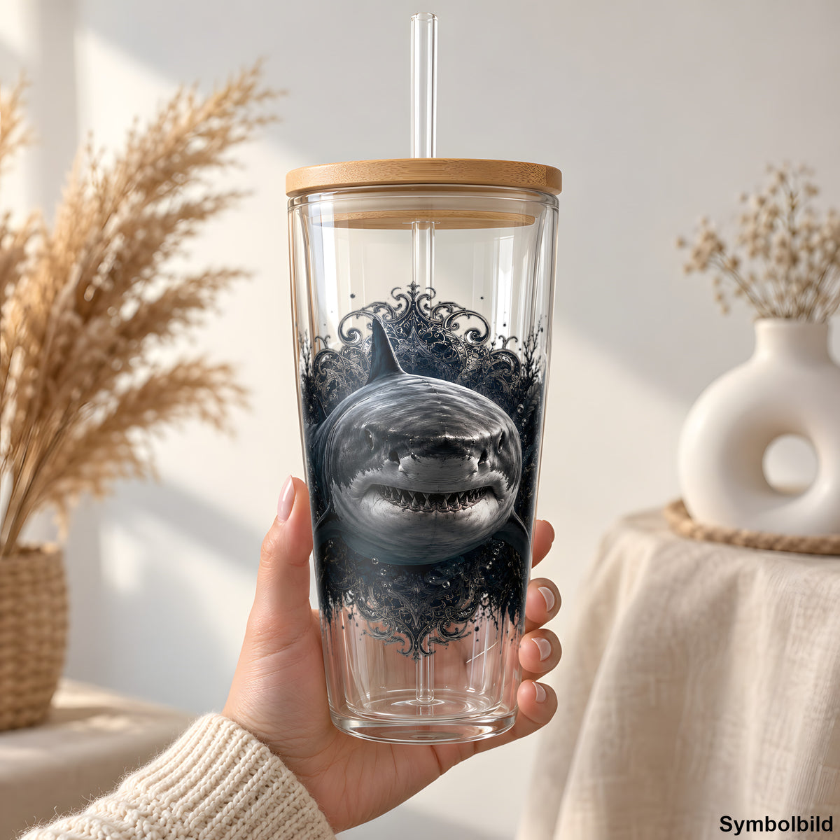 Becher-Aufkleber „Hai in der Finsternis“ auf einem 24oz Glasbecher