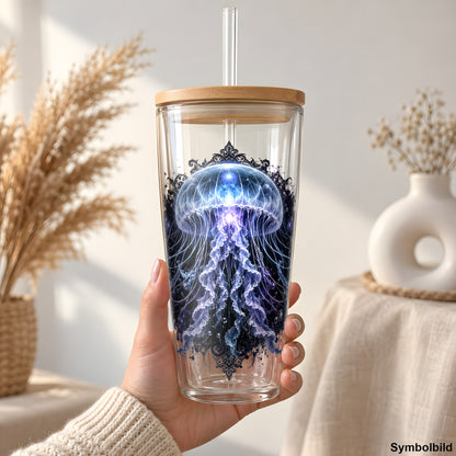 Becher-Aufkleber „Leuchtqualle in der Tiefe“ auf einem 24oz Glasbecher