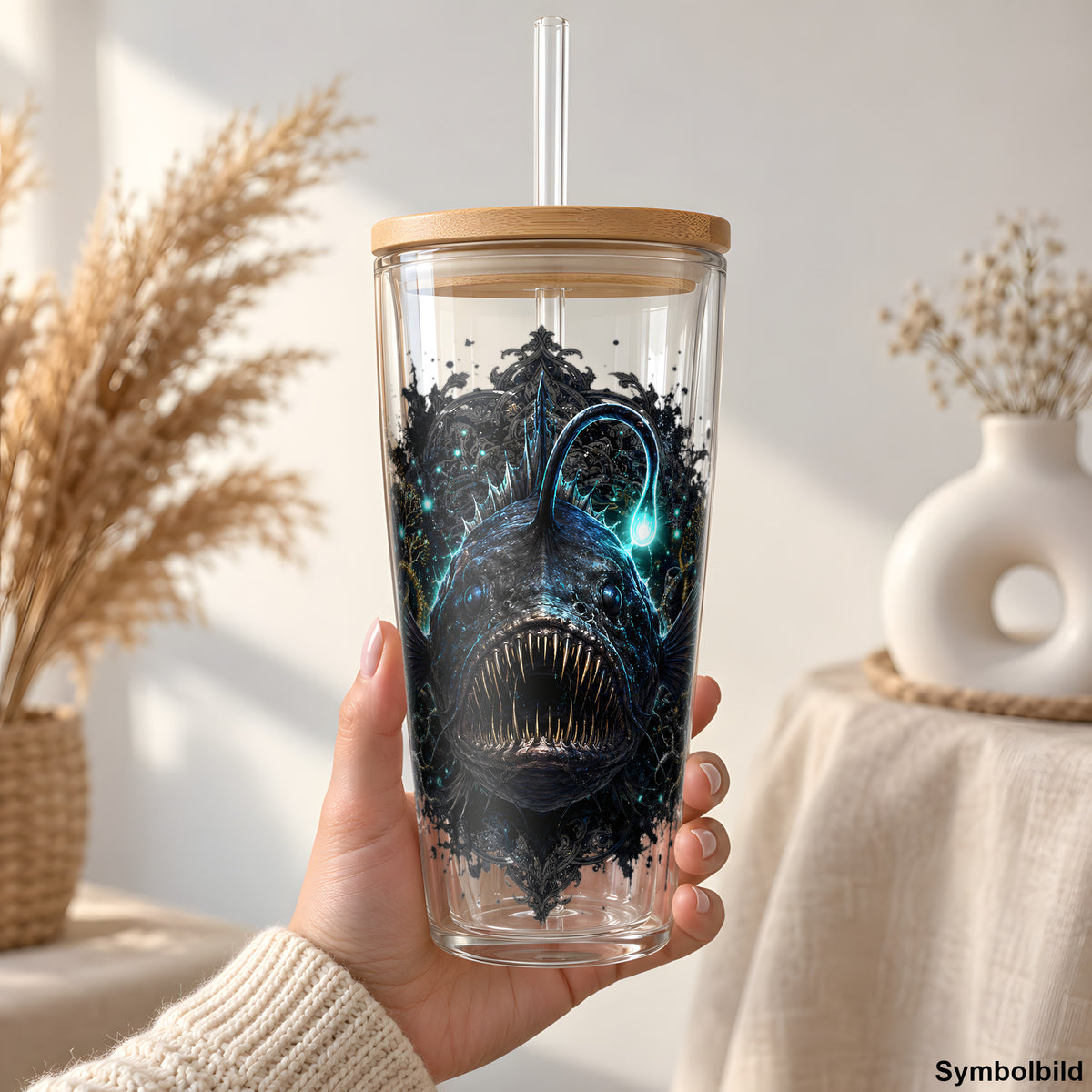 Becher-Aufkleber „Anglerfisch aus der Tiefsee“ auf einem 24oz Glasbecher