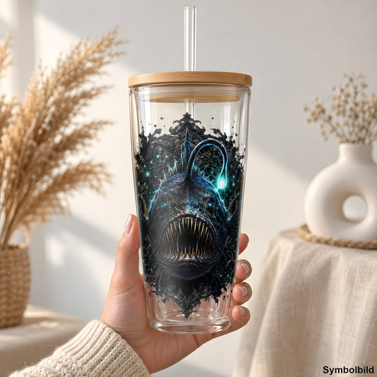 Becher-Aufkleber „Anglerfisch aus der Tiefsee“ auf einem 24oz Glasbecher