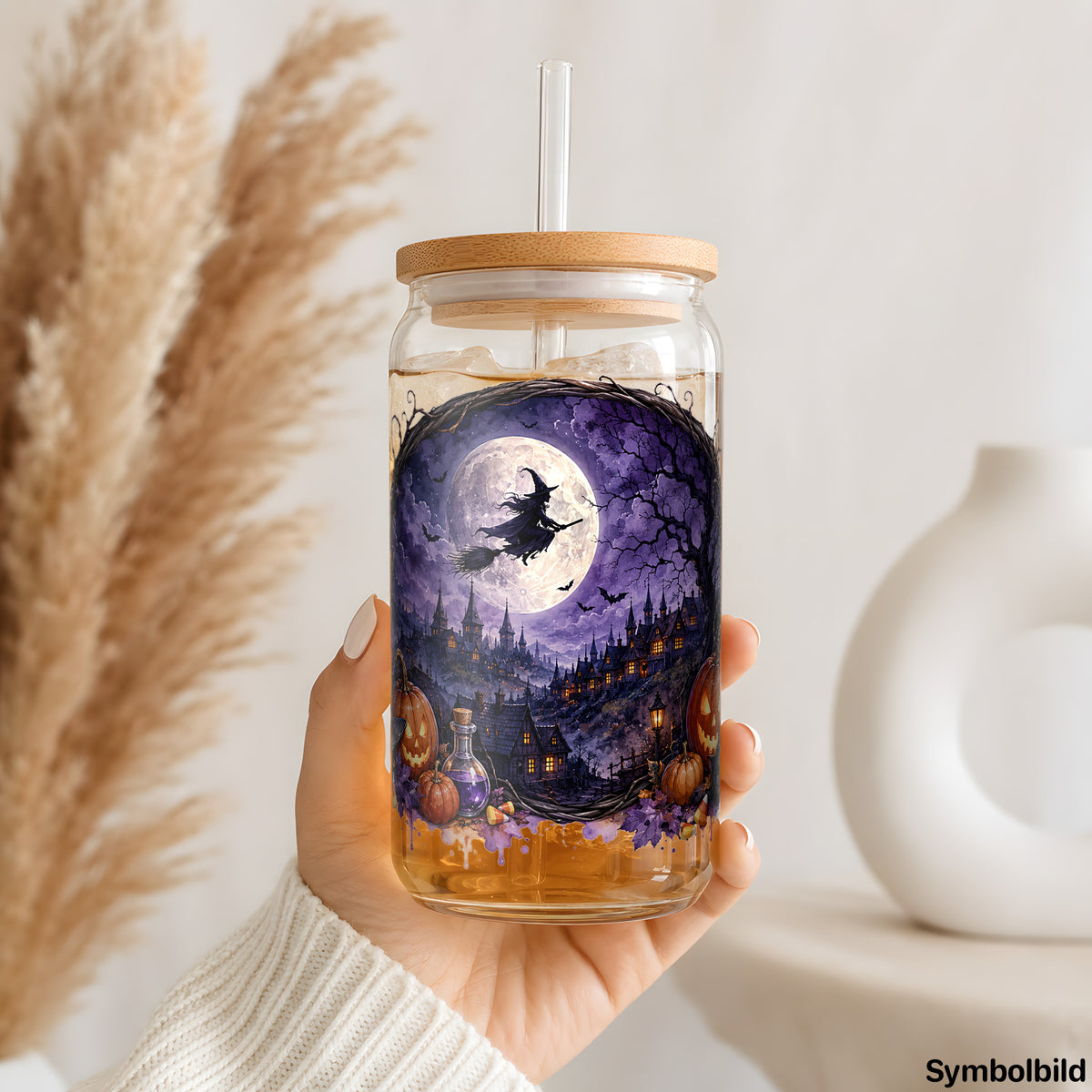 Becher-Aufkleber „Hexenflug im Vollmond“ auf einem 16oz Glasbecher