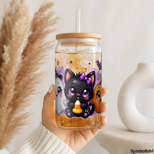 Becher-Aufkleber „Geist, Katze und Kürbis“ auf einem 16oz Glasbecher