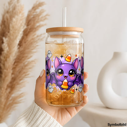 Becher-Aufkleber „Kleine Fledermäuse“ auf einem 16oz Glasbecher