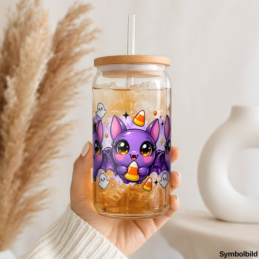 Becher-Aufkleber „Kleine Fledermäuse“ auf einem 16oz Glasbecher