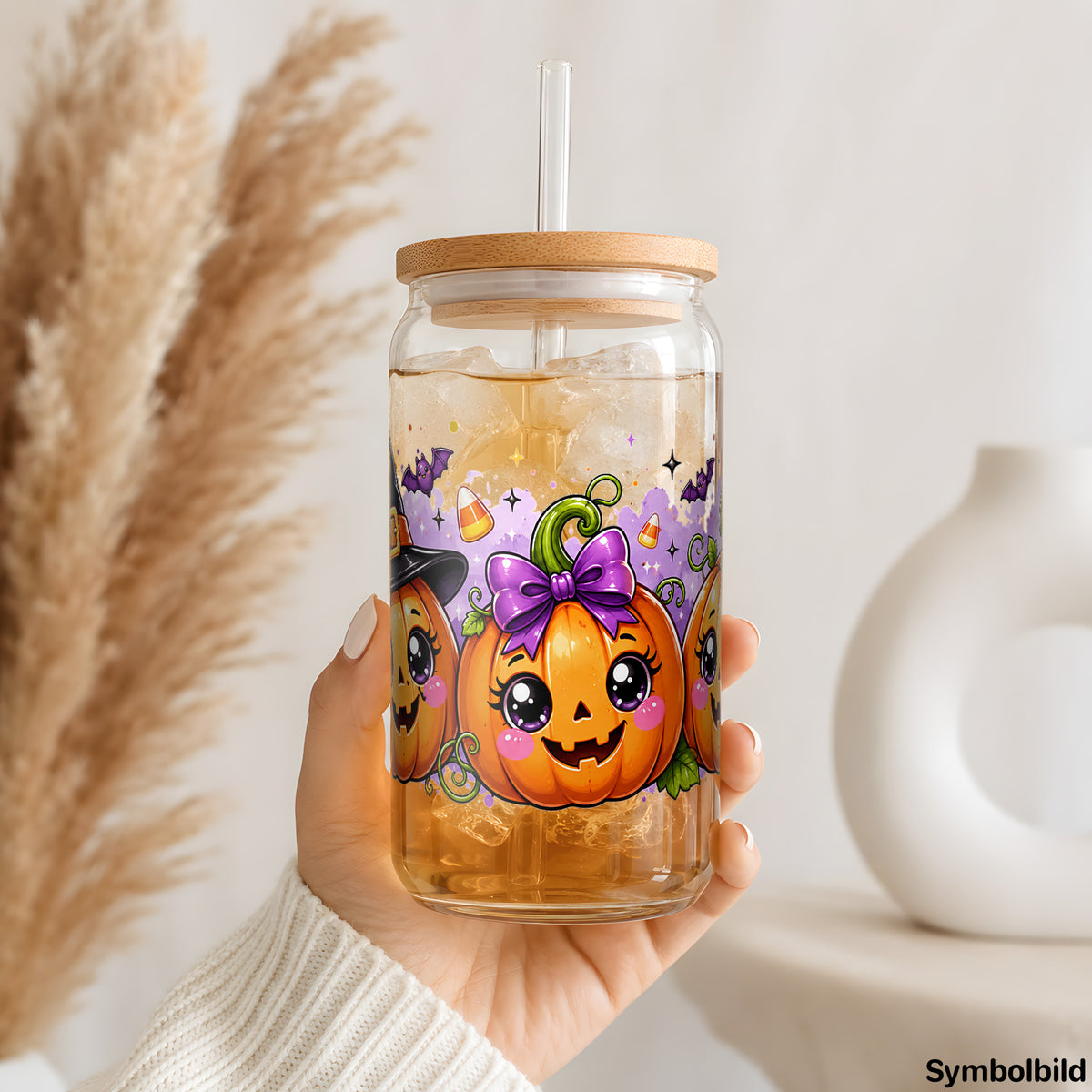 Becher-Aufkleber „Kürbisköpfe mit Hexenhut“ auf einem 16oz Glasbecher