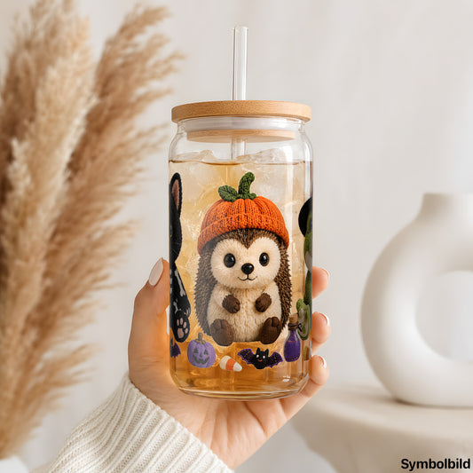 Becher-Aufkleber „Plüschtiere im Halloweenkostüm“ auf einem 16oz Glasbecher