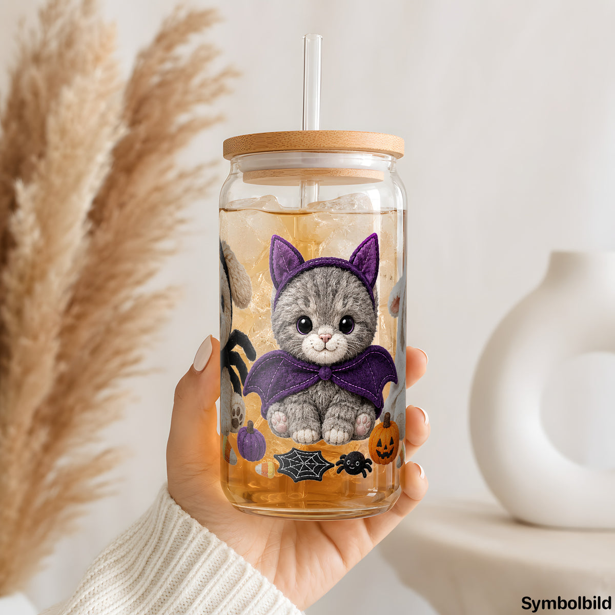 Becher-Aufkleber „Spinne, Fledermaus und Geist“ auf einem 16oz Glasbecher