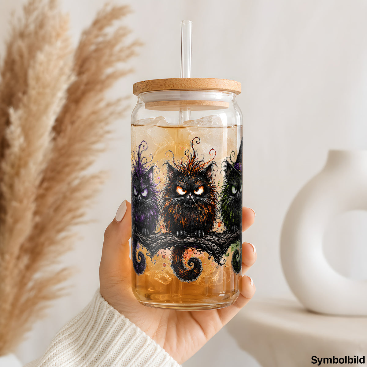 Becher-Aufkleber „Eulentrio bei Vollmond“ auf einem 16oz Glasbecher