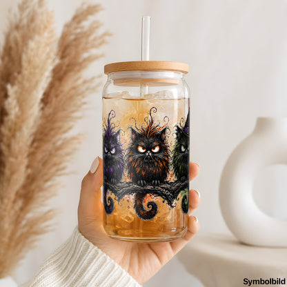 Becher-Aufkleber „Eulentrio bei Vollmond“ auf einem 16oz Glasbecher