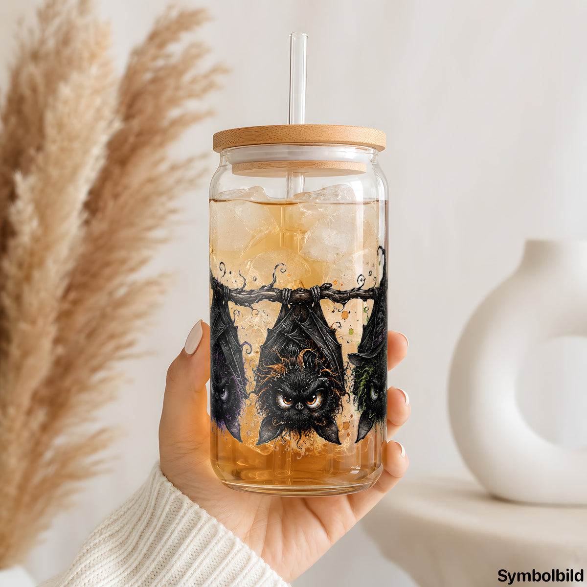 Becher-Aufkleber „Fledermäuse am Ast“ auf einem 16oz Glasbecher