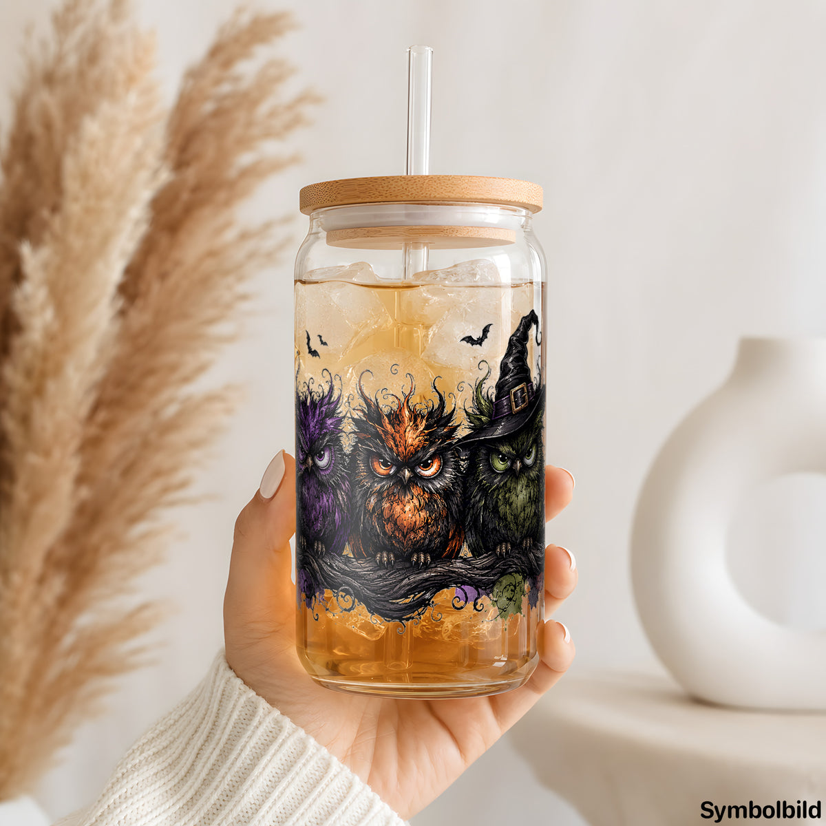 Becher-Aufkleber „Eulen in der Halloweennacht“ auf einem 16oz Glasbecher