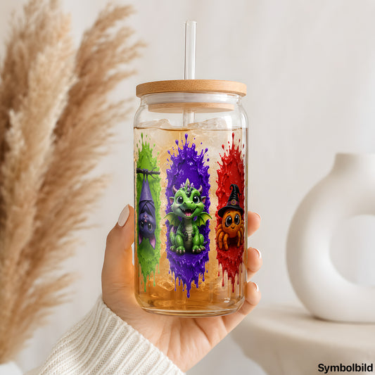 Becher-Aufkleber „Süße Halloween-Gang“ auf einem 16oz Glasbecher