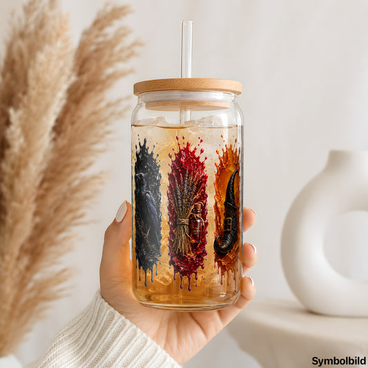 Hexenutensilien-Aufkleber auf einem 16oz Glasbecher