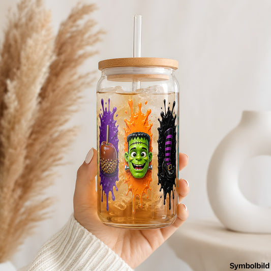 Halloween-Naschereien-Aufkleber auf einem 16oz Glasbecher