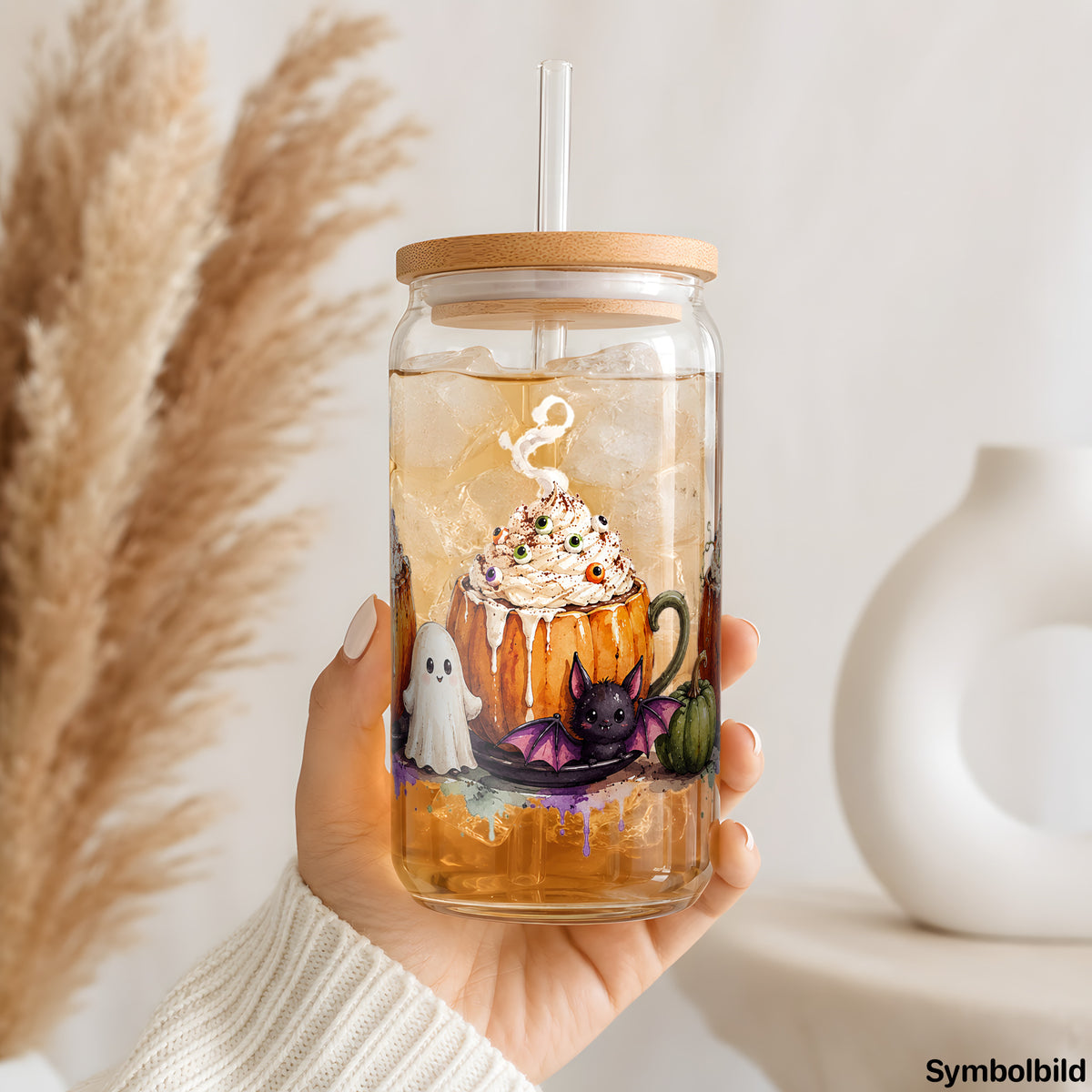 Becher-Aufkleber „Kürbislatte mit Geist“ auf einem 16oz Glasbecher