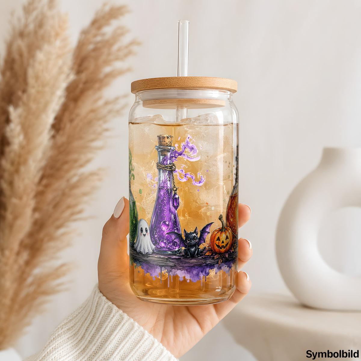 Becher-Aufkleber „Hexentränke mit Geisterchen“ auf einem 16oz Glasbecher