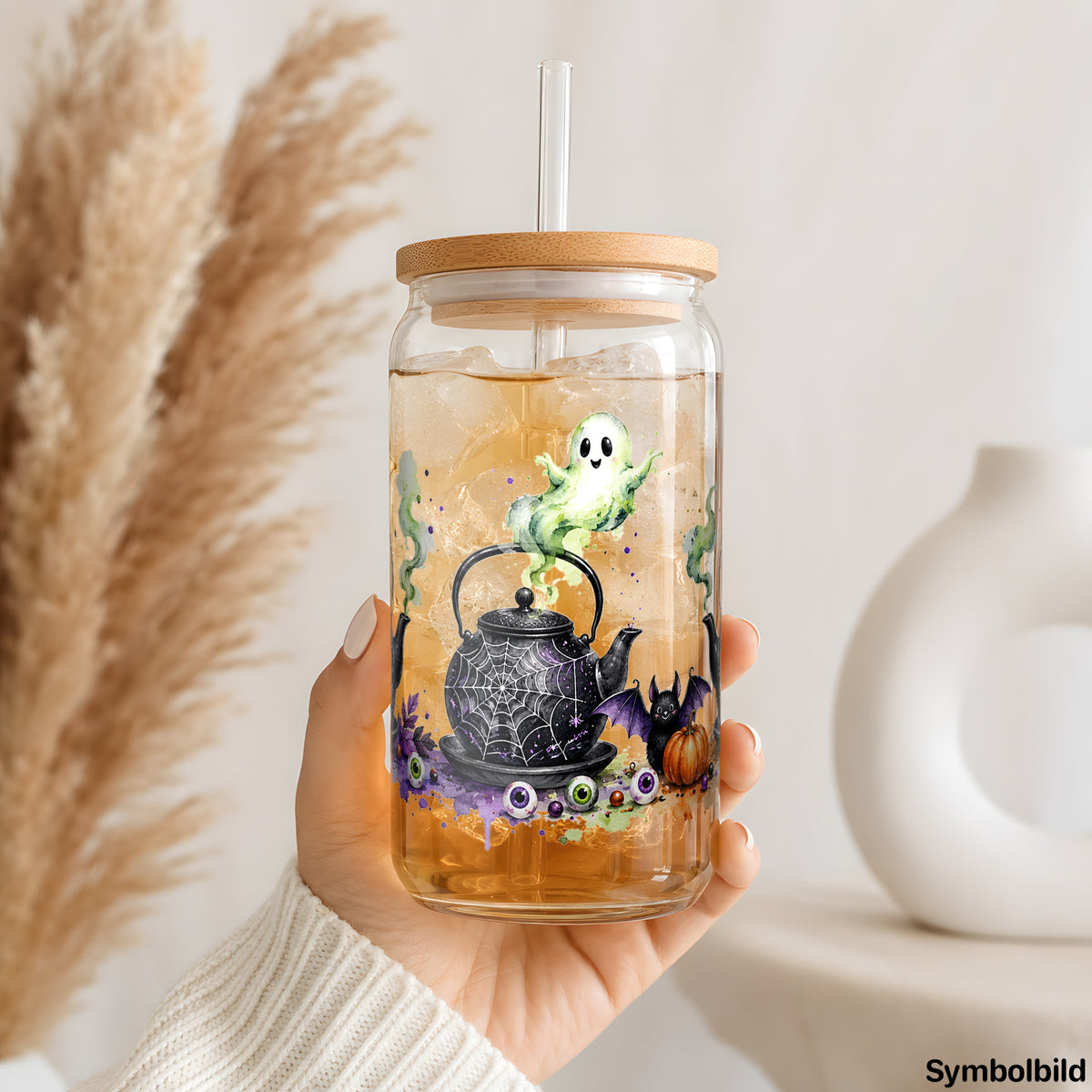 Becher-Aufkleber „Hexenkannen mit Geistern“ auf einem 16oz Glasbecher