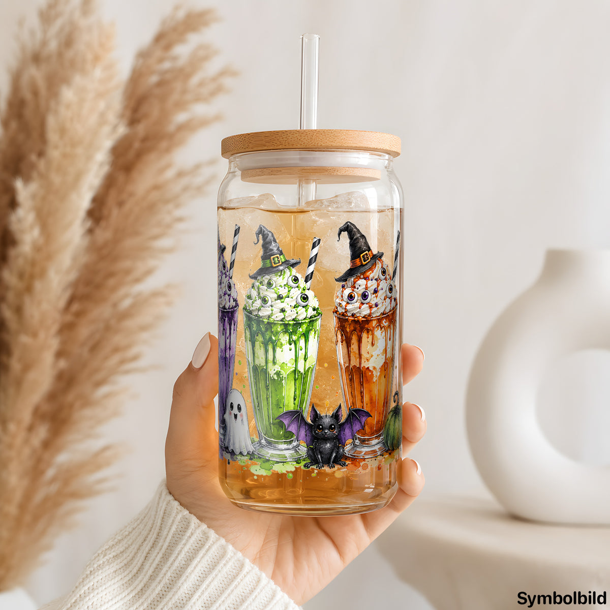 Becher-Aufkleber „Hexenshakes mit Zauberhut“ auf einem 16oz Glasbecher