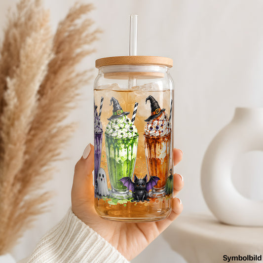 Becher-Aufkleber „Hexenshakes mit Zauberhut“ auf einem 16oz Glasbecher