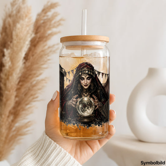Becher-Aufkleber „Wahrsagerin mit Kristallkugel“ auf einem 16oz Glasbecher