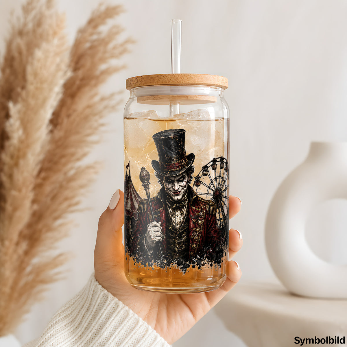 Becher-Aufkleber „Dunkler Zirkusdirektor“ auf einem 16oz Glasbecher