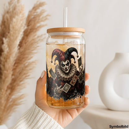 Becher-Aufkleber „Gruseliger Harlekin“ auf einem 16oz Glasbecher