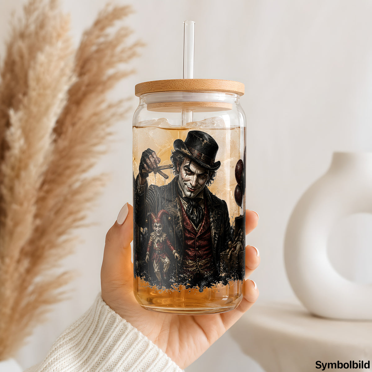 Becher-Aufkleber „Düsterer Puppenspieler“ auf einem 16oz Glasbecher