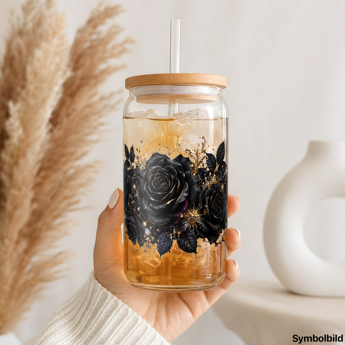 Becher-Aufkleber „Schwarze Rosen mit Gold“ auf einem 16oz Glasbecher