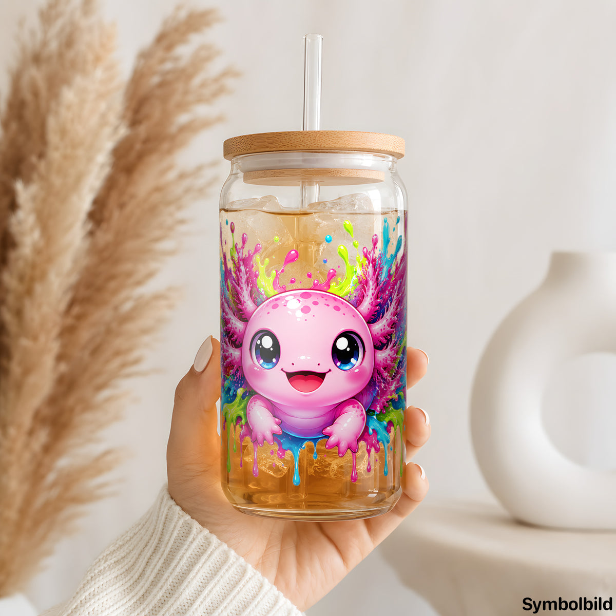 Becher-Aufkleber „Pinker Axolotl im Farbrausch“ auf einem 16oz Glasbecher