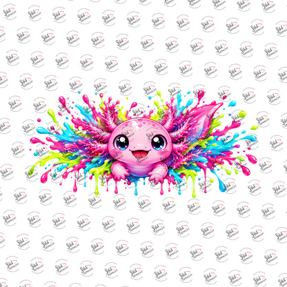 Pinker Axolotl im Farbrausch als Rub-on-Sticker, einzeln
