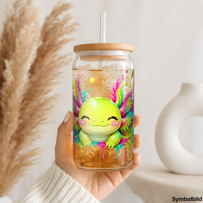 Becher-Aufkleber „Grüner Axolotl im Farbrausch“ auf einem 16oz Glasbecher
